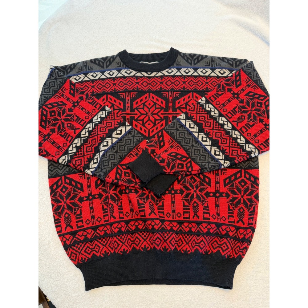 Vintage Obermeyer Men Red Black Nordic Fair Isle Geometric Knit Sweater Large